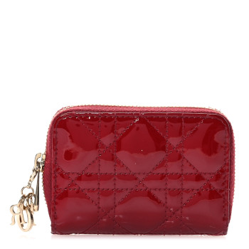CHRISTIAN DIOR Patent Cannage Small Lady Dior Voyageur Coin Purse Cherry Red