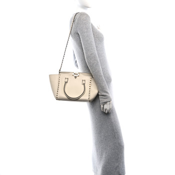 VALENTINO GARAVANI Vitello Small Rockstud Double Handle Tote Ivory