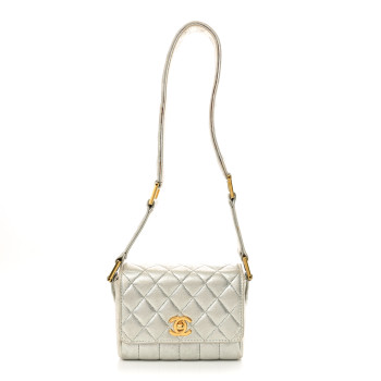 CHANEL Metallic Goatskin Quilted Square Flap Shoulder Bag Silver