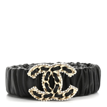CHANEL Lambskin Metal Strass Ruched Chain CC Belt 80 32 Black