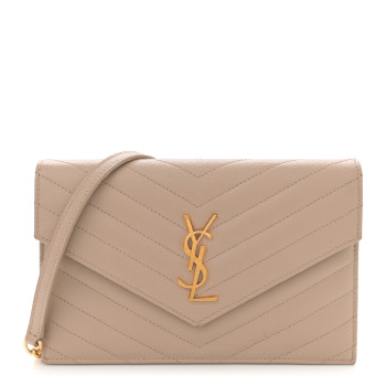 SAINT LAURENT Grain De Poudre Matelasse Chevron Monogram Envelope Chain Wallet Dark Latte