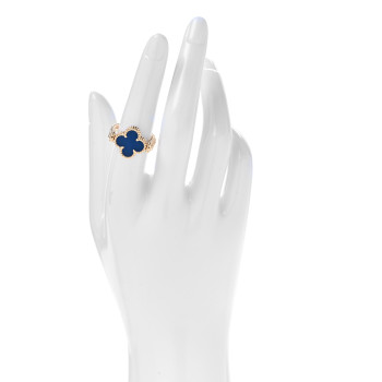 VAN CLEEF & ARPELS 18K Yellow Gold Diamond Blue Agate Reversible Guilloche Vintage Alhambra Ring 53 6.5