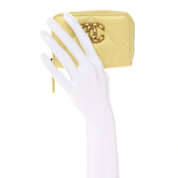 CHANEL Lambskin Quilted Chanel 19 Zip Around Coin Purse Wallet Yellow
