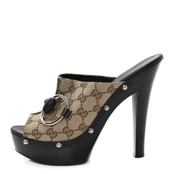 GUCCI Monogram Cellarius Soft Calfskin Icon Bit Platform Clog High Heel Slide Sandals 40 Beige Ebony Cocoa
