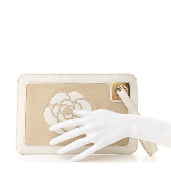 CHANEL Lambskin Camellia Logo Clutch Beige White