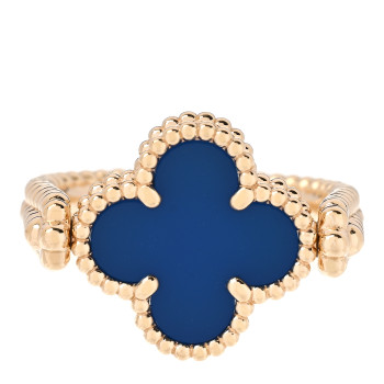 VAN CLEEF & ARPELS 18K Yellow Gold Diamond Blue Agate Reversible Guilloche Vintage Alhambra Ring 53 6.5