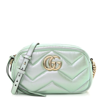 GUCCI Iridescent Nappa Chevron Matelasse Small GG Marmont Chain Shoulder Bag Iridescent Salvy Green