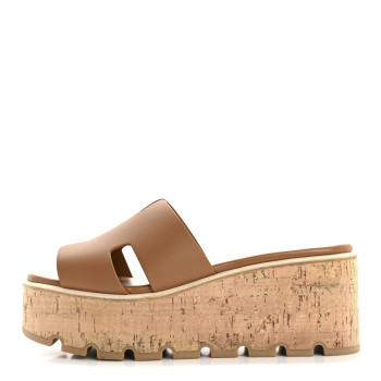HERMES Calfskin Cork Eze 30 Sandals 38 Gold