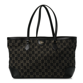 GUCCI Jacquard Black Denim GG Monogram Medium Ophidia Shopping Tote Black Ivory