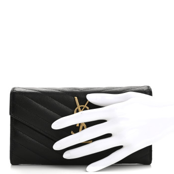SAINT LAURENT Grain De Poudre Matelasse Chevron Monogram Flap Wallet Black