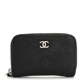 CHANEL Calfskin Floral Embossed Zipped Coin Purse Black