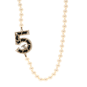 CHANEL Pearl Crystal Lambskin Chain CC No 5 Short Necklace Gold