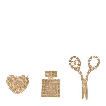 CHANEL Metal Strass Crystal Quilted CC Heart Scissors Perfume Brooch Set Gold