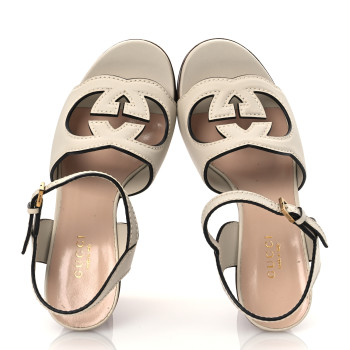 GUCCI Cosmos Softy Calfskin Wooden Interlocking G Cut-Out 30/120mm Platform Sandals 35.5 Mystic White