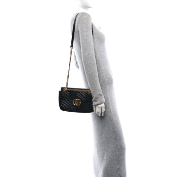 GUCCI Calfskin Matelasse Small GG Marmont Shoulder Bag Black