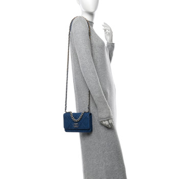 CHANEL Denim Quilted Chanel 19 Wallet On Chain WOC Blue