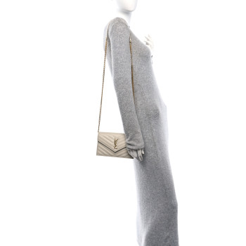 SAINT LAURENT Grain De Poudre Matelasse Chevron Monogram Envelope Chain Wallet Crema Soft