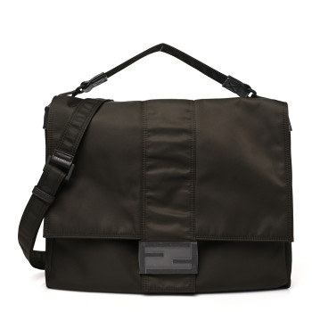 FENDI Econyl Nylon Cuoio Romano Monochrome Large Baguette Messenger Bag Ebano