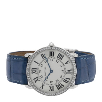 CARTIER 18K White Gold Alligator Diamond Bezel 36mm Ronde Louis Manual Winding Watch Blue
