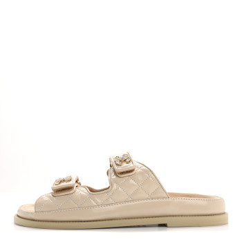 CHANEL Shiny Calfskin Quilted Velcro Dad Crystal CC Slide Sandals 39.5 Beige