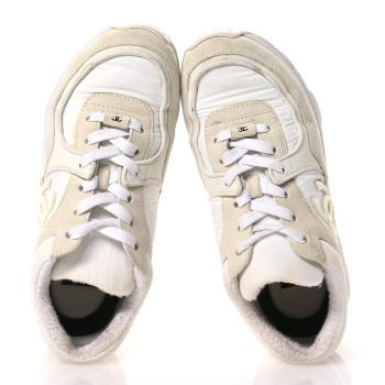 CHANEL Suede Calfskin Fabric CC Sneakers 36.5 White