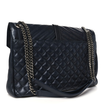 SAINT LAURENT Calfskin Mixed Matelasse Triquilt Large Monogram Satchel Deep Marine