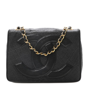 CHANEL Straw Raffia CC Shoulder Bag Black