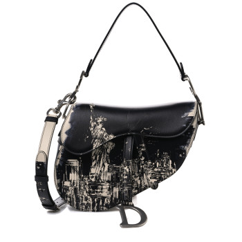 CHRISTIAN DIOR Calfskin New York Printed Saddle Bag With Strap Black White