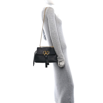 VALENTINO GARAVANI Pebbled Calfskin Small VRing Chain Shoulder Bag Black