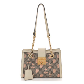 GUCCI GG Supreme Monogram Berry Textured Dollar Calfskin Small Padlock Tote Beige Ebony Light Copper Mystic White