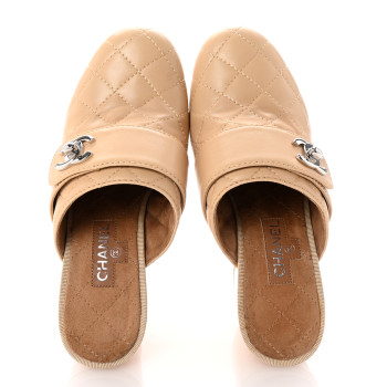 CHANEL Lambskin Quilted CC Turn Lock Clogs 37 Beige