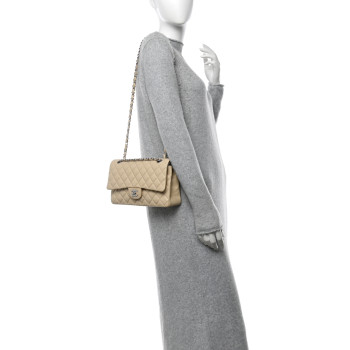 CHANEL Caviar Quilted Medium Double Flap Beige