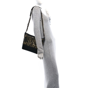 CHANEL Metallic Crumpled Goatskin Quilted Medium Gabrielle Hobo Black Gold