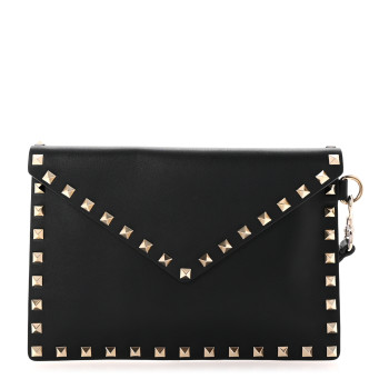 VALENTINO GARAVANI Vitello Medium Rockstud Envelope Flat Wristlet Pouch Black