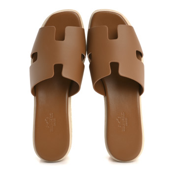 HERMES Calfskin Cork Eze 30 Sandals 38 Gold