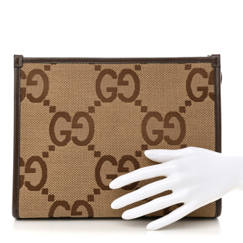 GUCCI Monogram Jumbo GG Textured Dollar Calfskin Pouch Camel Ebony New Acero