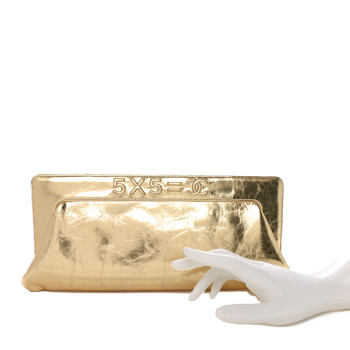 CHANEL Metallic Lambskin Tweed We Need 5x5=CC Clutch Gold