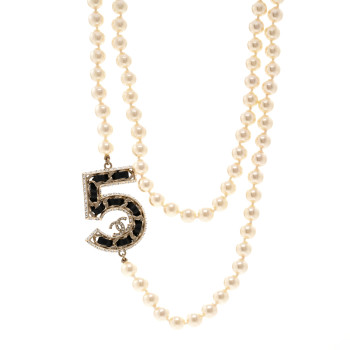 CHANEL Pearl Crystal Lambskin Chain CC No 5 Long Necklace Gold
