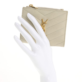 SAINT LAURENT Grain De Poudre Matelasse Chevron Monogram Zipped Card Case Crema Soft