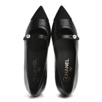 CHANEL Shiny Lambskin Grosgrain Pearl Mary Jane Flats 37 Black
