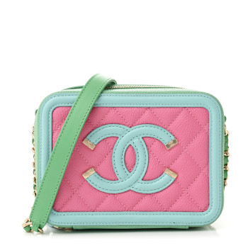 CHANEL Caviar Quilted Filigree Vanity Clutch With Chain Pink Light Blue Green