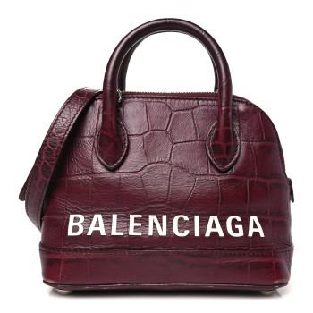 BALENCIAGA Shiny Calfskin Logo Crocodile Embossed XXS Ville Top Handle Bag Cassis