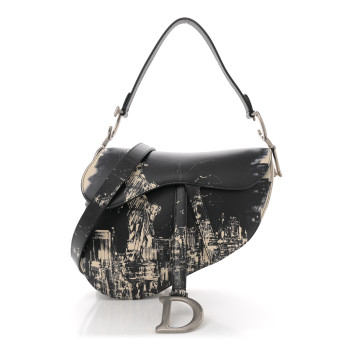 CHRISTIAN DIOR Calfskin New York Saddle Bag With Strap Black Multicolor