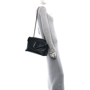 SAINT LAURENT Calfskin Y Quilted Monogram Monochrome Medium Loulou Chain Satchel Black