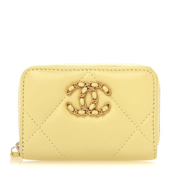 CHANEL Lambskin Quilted Chanel 19 Zip Around Coin Purse Wallet Yellow