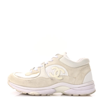 CHANEL Suede Calfskin Fabric CC Sneakers 36.5 White