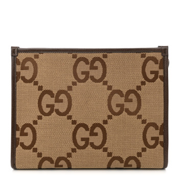 GUCCI Monogram Jumbo GG Textured Dollar Calfskin Pouch Camel Ebony New Acero