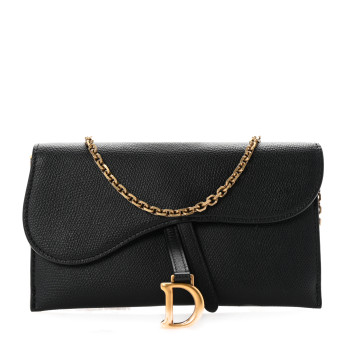 CHRISTIAN DIOR Grained Calfskin Saddle Chain Wallet Pouch Black