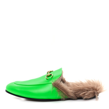 GUCCI Calfskin Fur Mens Princetown Slippers 9 Fluorescent Green