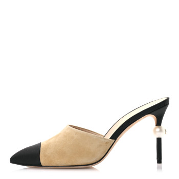 CHANEL Suede Grosgrain Cap Toe CC Mules 39 Beige Black